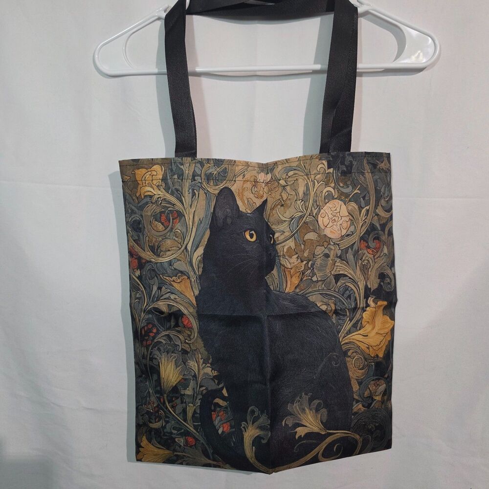 Black Cat Tote Bag Vintage Art Nouveau Botanical Floral Print Shoulder Handbag